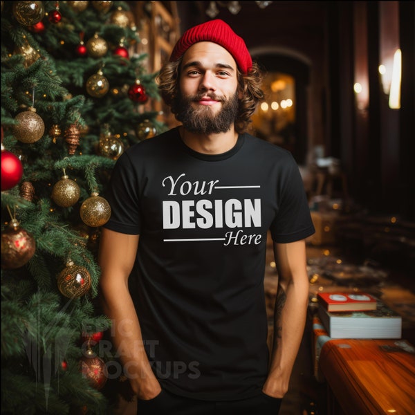 Gildan 5000 Maquette Décor d’arbre de Noël Tshirt noir Jeune homme, T-shirt homme Mockup Styled Shirt Automne, Maquette tendance Tshirt Mock Casual Wear