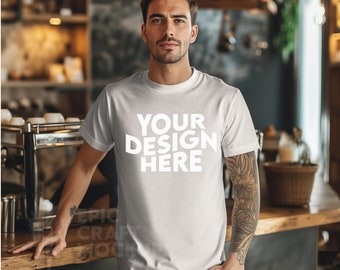 Heather Cement Bella Canvas 3001 Mockup Tshirt Man Indoors Coffee Shop Cozy Styled Male Mock Up, POD Model Men T-Shirt Mockup Tee