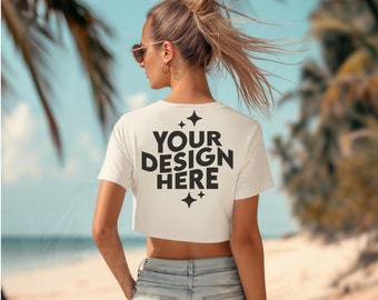 WHITE Back Bella Canvas 8882 Mockup Flowy Crop Top T-Shirt, Summer Beach POD Tshirt Model Mock Up, BC 8882 Print On Demand Trendy