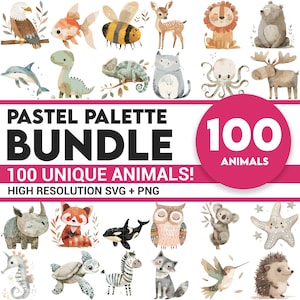 Puede incluir: Una colección de ilustraciones de animales en acuarela, incluyendo una abeja, un ciervo, un león y un búho. La imagen presenta el texto "PASTEL PALETTE BUNDLE" y "100 UNIQUE ANIMALS!" en varios colores. La imagen está etiquetada como "HIGH RESOLUTION SVG + PNG".