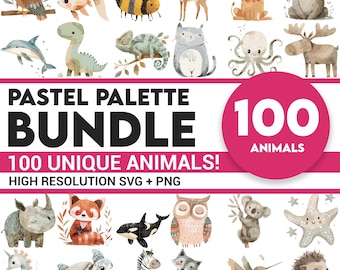 100 Animal Pastel Palette SVG Bundle PNG Watercolor Clipart, Cute Woodland Animals Vector File Nursery Wall Art Bundle Pack Set Safari Svg