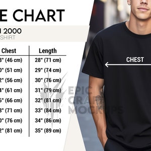 Gildan 2000 Size Chart Man Lifestyle Black, Gildan 2000 T-Shirt Size Chart Mockup, Unisex Cotton Tee Size Chart, Tshirt Gildan Size Chart