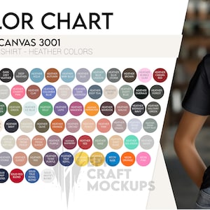 Heathers Color Chart Bella Canvas 3001 Camiseta Mujer, Color Table POD BC 3001 Camiseta, Camiseta Color Guide Bella Canvas 3001 Color Profile Mujer