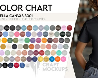 Heathers Color Chart Bella Canvas 3001 Tshirt Women, Color Table POD BC 3001 Tee, T-Shirt Color Guide Bella Canvas 3001 Color Profile Woman