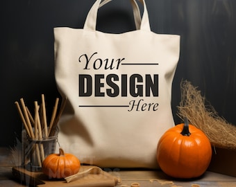 Mockup di borsa tote in tela naturale Halloween, Mockup di borsa tote per l'autunno Mockup di borsa per la spesa autunno, Mockup di borsa tote naturale Mockup di borsa di tela Mockup Mock