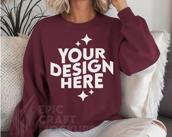 MAROON Gildan 18000 Mockup Woman Sweatshirt Crewneck Oversized, POD G18000 Boho Style Mock Up Fashion Studio Print On Demand