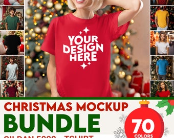 May include: A red t-shirt mockup with the text "YOUR DESIGN HERE" in white. The t-shirt is surrounded by a collage of images of people wearing t-shirts in various colors and poses. The text "CHRISTMAS MOCKUP BUNDLE" is at the bottom of the image, along with the text "GILDAN 5000 - TSHIRT" and "70 COLORS".