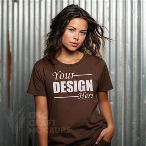 Gildan 5000 Mockup Dark Chocolate Brown Tshirt Young Woman, Styled Shirt Mockup Women&#39;s Tee Trendy, Model Mockup Fashion Tshirt Mock Casual