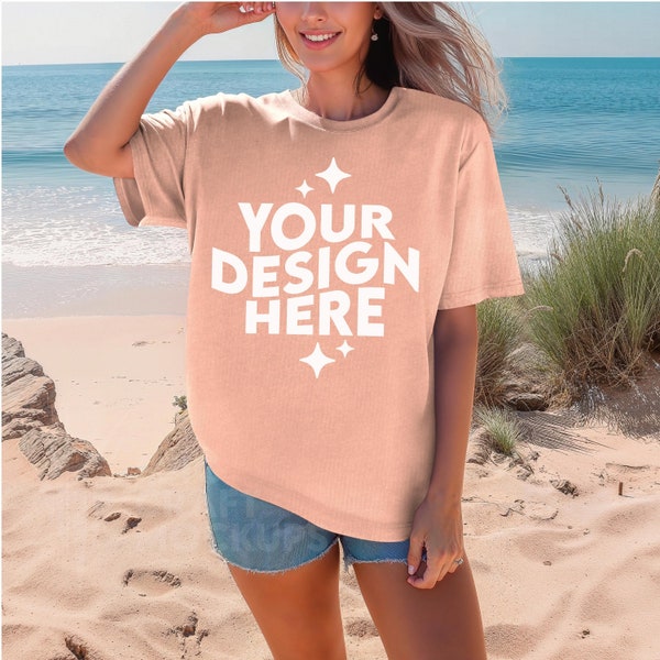 Peachy Comfort Colors 1717 Mockup Summer Beach Woman Oversized Tshirt, POD Comfort Colors Mock Up T-Shirt CC1717 Print On Demand