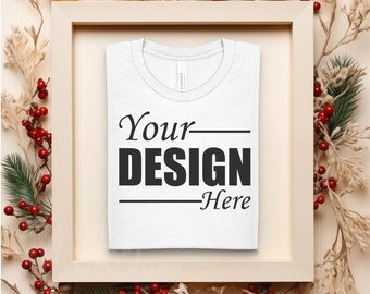WHITE Bella Canvas 3001 Folded Mockup Christmas, Winter Flat Lay Tshirt Mock-up, Folded T-shirt Flatlay Mockup POD Tee Photo Studio Shot