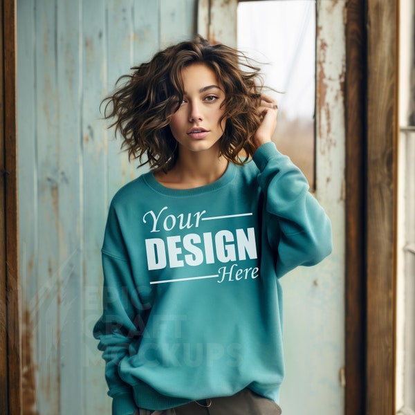 Comfort Colors 1566 Mockup Topaz Blue Young Woman Cozy Sweatshirt Mock, Trendy Crewneck Style Casual Fashion Mockup, Oversized Apparel Trend