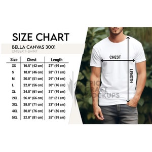 以下が含まれることがあります： Bella Canvas 3001 ユニセックスTシャツのサイズチャート。チャートは、XSから5XLまでのサイズについて、胸囲と着丈をインチとセンチメートルで示しています。