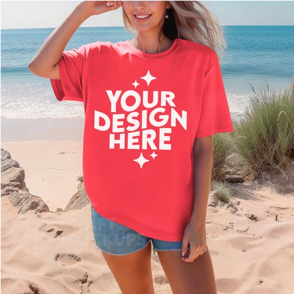 Paprika Comfort Colors 1717 Mockup Summer Beach Woman Oversized Tshirt, POD Comfort Colors Mock Up T-Shirt CC1717 Print On Demand
