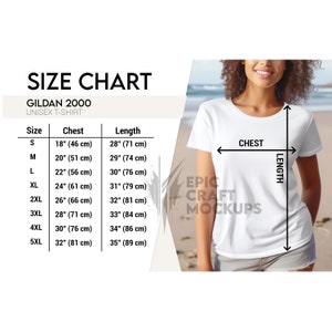 Gildan 2000 Tableau des tailles Femme Lifestyle Blanc, Gildan 2000 T-Shirt Taille Graphique Maquette, Tableau des tailles des tee-shirts en coton unisexe, Tshirt Gildan Tableau des tailles