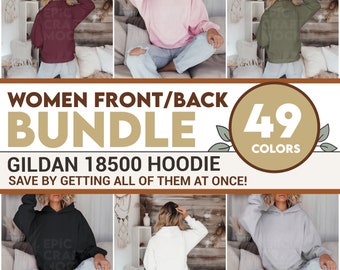 Front and Back Women Gildan 18500 Mockup Bundle Hoodie Boho Neutral, Gildan Sweater Model Lifestyle Female, Girls Photo POD Print On Demand