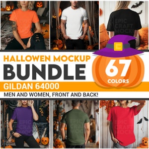 May include: A mockup bundle of 67 color t-shirts featuring a Halloween theme. The t-shirts are shown on models in front of a Halloween backdrop. The text "HALLOWEN MOCKUP BUNDLE 67 COLORS GILDAN 64000 MEN AND WOMEN, FRONT AND BACK!" is displayed on the image.