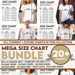 Mockup Size Chart Bundle Mujer y Hombre Estilo de vida Blanco, Bella Canvas 3001 Tabla de tallas Gildan, Tabla de tallas de colores cómodos, Tabla de tallas de camisetas