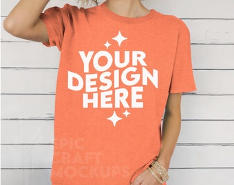 HEATHER ORANGE Gildan 64000 Mockup Young Woman Tshirt, POD G64000 Boho Styled Shirt Mock Up Summer Tee, Trendy Print On Demand Casual Wear