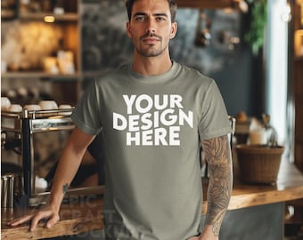 Heather Stone Bella Canvas 3001 Mockup Tshirt Man Indoors Coffee Shop Cozy Styled Male Mock Up, POD Model Men T-Shirt Mockup Tee