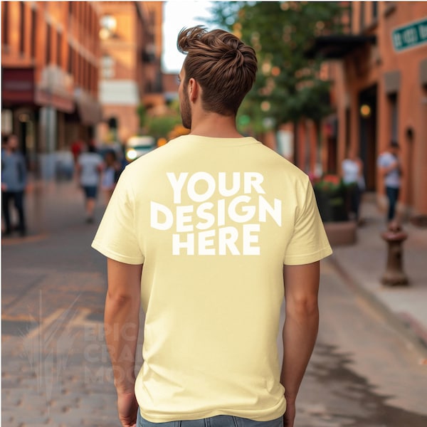 Yellow Haze Back Gildan 5000 Mockup Tshirt Men, G5000 POD Urban Street Style Shirt Summer Tee, Male Model Mock Up Print On Demand