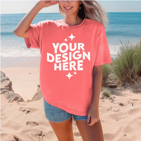 Neon Red Orange Comfort Colors 1717 Mockup Summer Beach Woman Oversized Tshirt, POD Comfort Colors Mock Up T-Shirt CC1717, Print On Demand