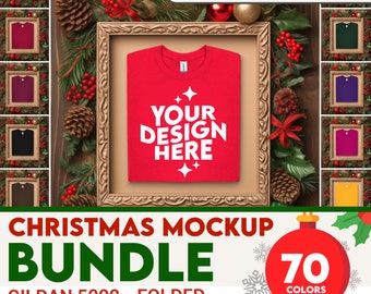 May include: A folded red t-shirt mockup with the text "YOUR DESIGN HERE" in white. The t-shirt is in a gold frame with a Christmas-themed background. The image is part of a bundle of 70 images featuring different colors of t-shirts.