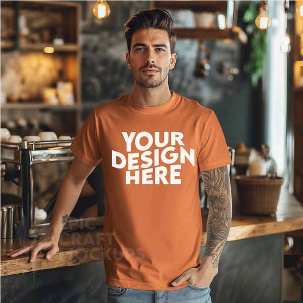 Burnt Orange Bella Canvas 3001 Mockup Tshirt Man Indoors Coffee Shop Cozy Styled Male Mock Up, POD Model Men T-Shirt Mockup Tee