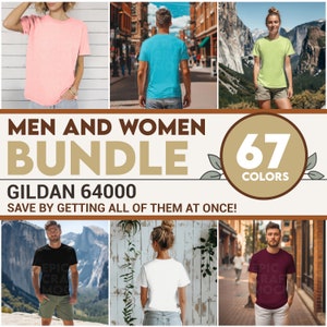 May include: A collage of images showcasing a variety of t-shirts in different colours. The text "MEN AND WOMEN BUNDLE 67 COLORS GILDAN 64000 SAVE BY GETTING ALL OF THEM AT ONCE!" is displayed on the image.