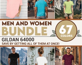 Bundle Back Front Men Women Gildan 64000 Mockup Bundle Tshirt Men, G64000 POD Urban Street Style Shirt Summer Model Mock Up Print On Demand