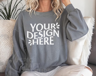 Gildan 18000 Mockup Graphite Heather Female Model Sweatshirt, Apparel Mockup Urban Fashion Studio Shot, Chic Casual Look POD G18000 Boho