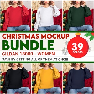Winter Christmas Woman Bundle Gildan 18000 Mockup Sweatshirt Woman, POD Sweater Mock Up Model Casual Mock-Up Model Sweater Xmas Holiday