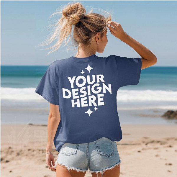 China Blue Back Comfort Colors 1717 Mockup Summer Beach Woman Oversized Tshirt, POD Mock Up T-Shirt CC1717 Model Print On Demand