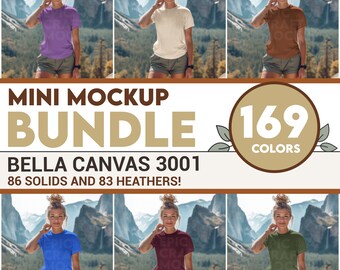Mockup Bundle Bella Canvas 3001 da donna, Mockup Bundle di magliette per attività all'aperto, Mockup Lifestyle, Maglietta da donna alla moda per escursioni nella foresta