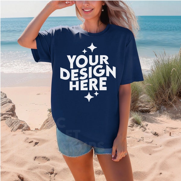 True Navy Comfort Colors 1717 Mockup Summer Beach Woman Oversized Tshirt, POD Comfort Colors Mock Up T-Shirt CC1717, Model Print On Demand