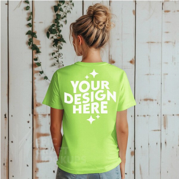 Neon Green Back Gildan 5000 Mockup Tshirt Women, G5000 POD Styled Boho Shirt Mockup Summer Tee, Female Model Mock Up Casual Fashion