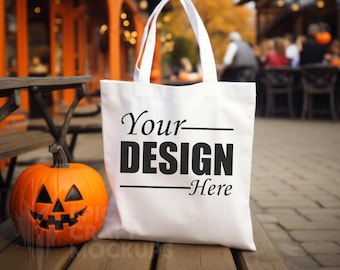 Einkaufstasche Mockup White Canvas Halloween, Einkaufstasche Mock-up Herbst Einkaufstasche Mockup Herbst, Einkaufstasche Mock Ups Canvas Tasche Mockup Mock Halloween