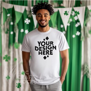 T-shirt bianca Saint Patricks Day frontale Gildan 5000 Mockup da uomo giovane irlandese, St Patrick POD G5000 Shirt Mock Up Tee Stampa su richiesta
