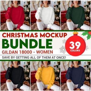 Gildan 18000 Mockup Christmas Women Bundle Sweatshirt Woman Winter, POD Sweater Mock Up Model Casual Mock-Up Model Sweater Xmas Holiday
