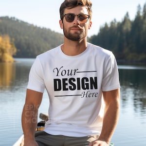 Man White Bella Canvas 3001 Mock Tshirt, Tshirt Mock Outdoors Lake Boat, Summer Tee Mockup Men T-shirt Mockup Casual Wear Mockup Studio Shot