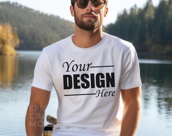 Man White Bella Canvas 3001 Mock Tshirt, Tshirt Mock Outdoors Lake Boat, Summer Tee Mockup Men T-shirt Mockup Casual Wear Mockup Studio Shot