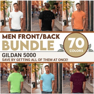 May include: A bundle of 70 different coloured t-shirts, featuring a mock-up of a person wearing a white t-shirt. The text "MEN FRONT/BACK BUNDLE 70 COLORS GILDAN 5000 SAVE BY GETTING ALL OF THEM AT ONCE!" is displayed on the image.