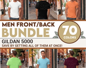 Bundle Back Front Men Gildan 5000 Mockup Bundle Tshirt Men, G5000 POD Urban Street Style Shirt Summer, Male Model Mock Up Print On Demand