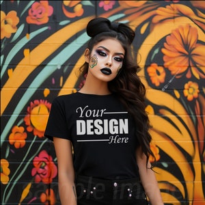 Dia de los Muertos Bella Canvas 3001 Mockup Mujer Camiseta Negra, Halloween Otoño Camiseta Mockup Día de Todos los Difuntos, Maqueta Camiseta Día de Muertos