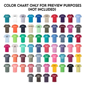 May include: Colour chart showing 50 different t-shirt colours. The colours are arranged in rows and columns. Each colour has a name written in white text on a small t-shirt icon.