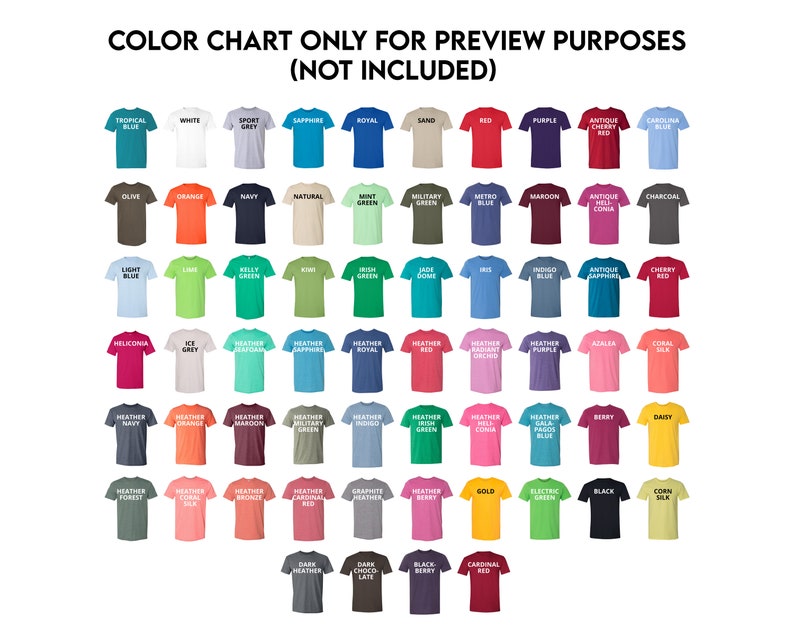May include: Colour chart showing 50 different t-shirt colours. The colours are arranged in rows and columns. Each colour has a name written in white text on a small t-shirt icon.