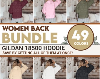 Back Gildan 18500 Mockup Bundle Women Hoodie Boho Neutral, Gildan Sweater Model Lifestyle Female, Girls Photo POD Woman Print On Demand