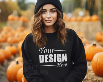 Gildan 18000 Mockup Black Pumpkins Halloween Young Woman, Gildan Oversized Crewneck Mockups Outdoors, Trendy Mockup Female Sweatshirt
