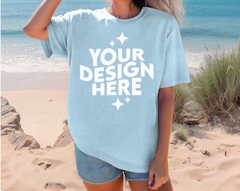 CHAMBRAY Comfort Colors 1717 Mockup Summer Beach Woman Oversized Tshirt, POD Comfort Colors Mock Up T-Shirt CC1717, Model Print On Demand