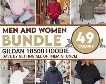Men Women Front Back Gildan 18500 Mockup Bundle Hoodie Neutral, Gildan Sweater Model Lifestyle Female, Girls Photo POD Guys Print On Demand