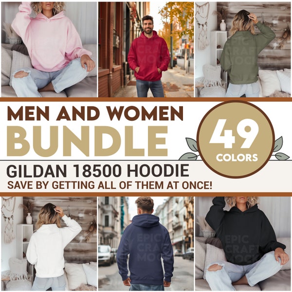 Men Women Front Back Gildan 18500 Mockup Bundle Hoodie Neutral, Gildan Sweater Model Lifestyle Female, Girls Photo POD Guys Print On Demand